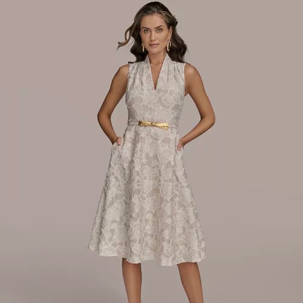 NWT Donna Karan New York Belted Jacquard A Line Sleeveless V Neck Dress 4 Bridal